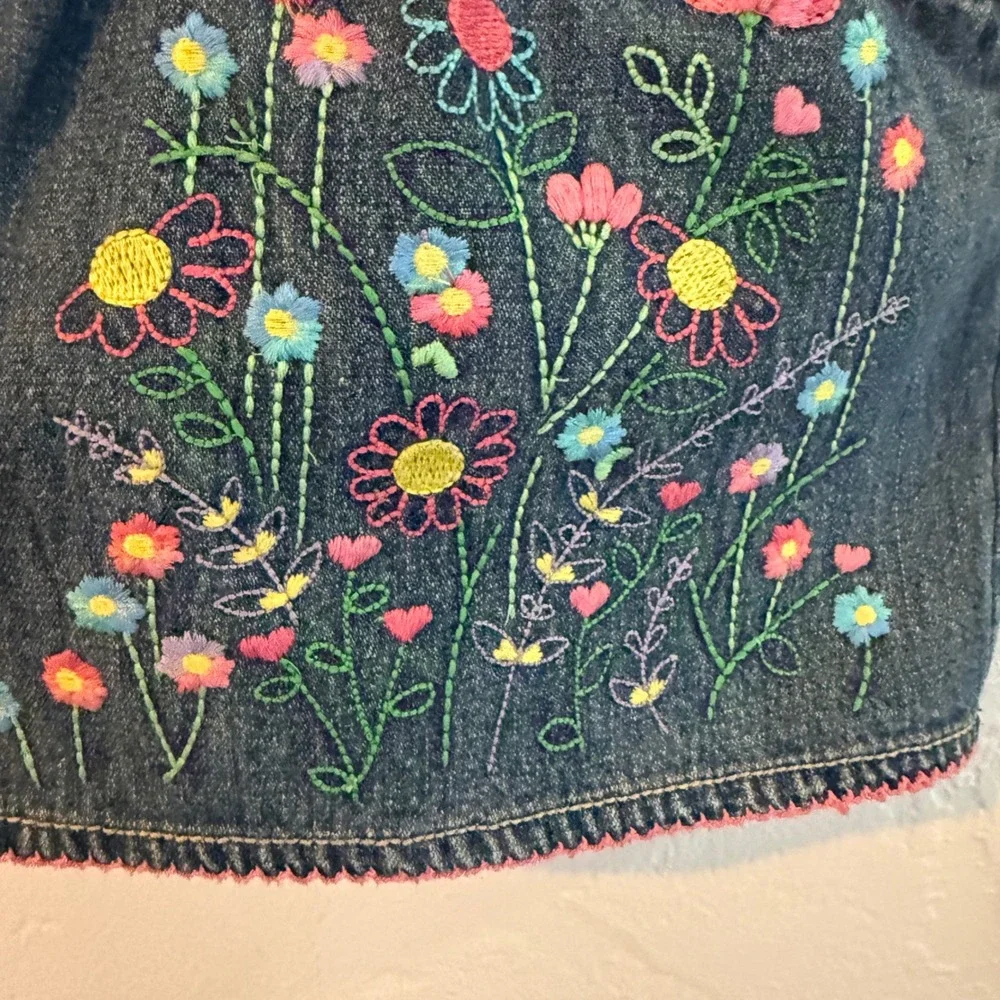 OshKosh B'gosh Girls Blue Denim Floral Embroidered Overall Dress Jumper Toddler2